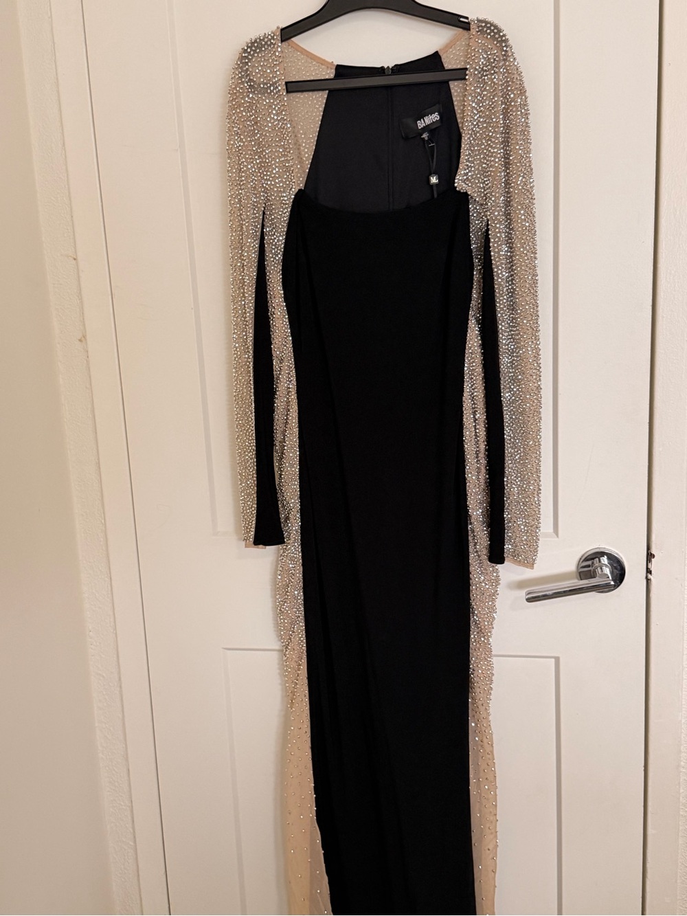 Missing Label Black Evening Gown with Nude Crystal-Embellished Sleeves
